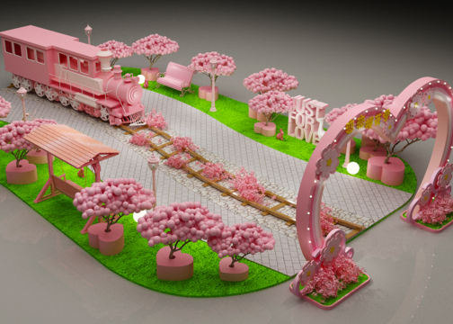 小火车路演活动-美陈DP点-粉色系-网红少女风格-效果图