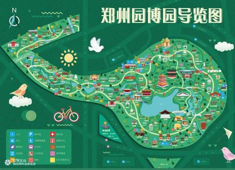 清新又清晰的郑州园博园手绘导览图，包含200多个特色建筑