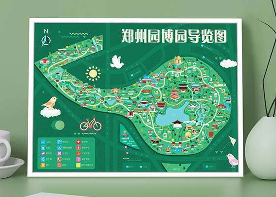 清新又清晰的郑州园博园手绘导览图，包含200多个特色建筑